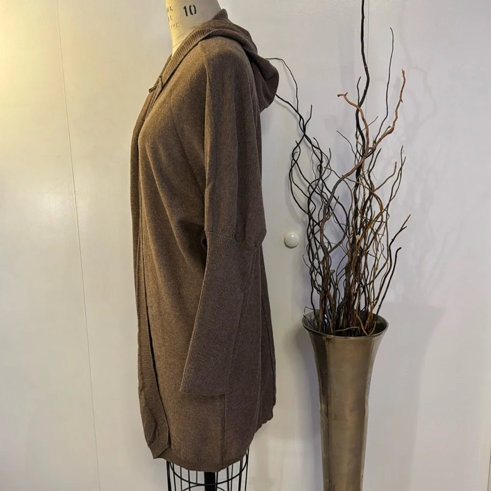 Long sleeve hooded open front cardigan in coffee